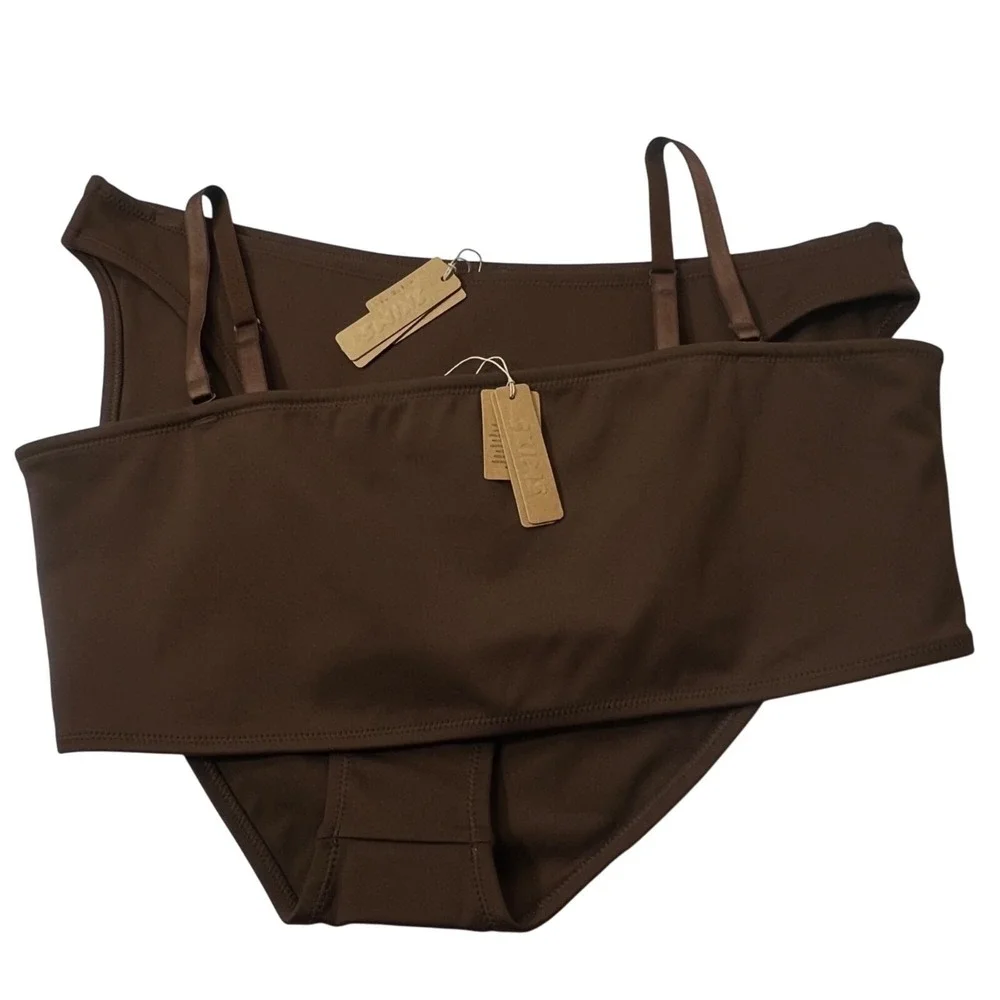 SKIMS Shaping Swim Set Bandeau Top + Dipped Bikini Bottom Cocoa 3X